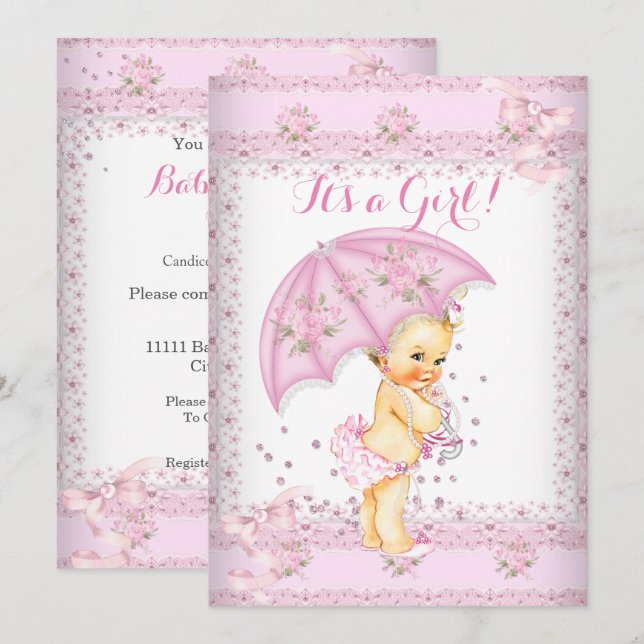 Invitation Joli Baby shower rose Fille Parapluie Floral Blond (Devant / Derrière)