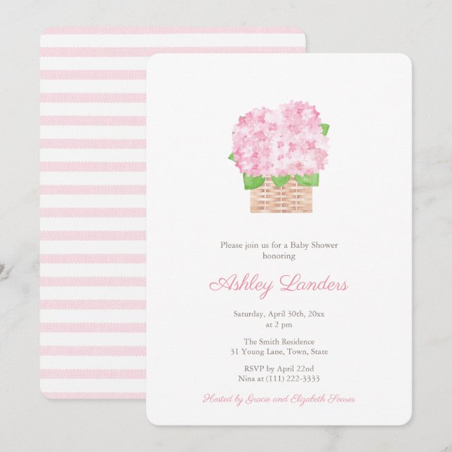 Invitation Joli Baby shower rose Hydrangea fille (Devant / Derrière)