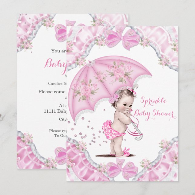Invitation Joli Baby shower rose Parapluie Fleurs Fille (Devant / Derrière)