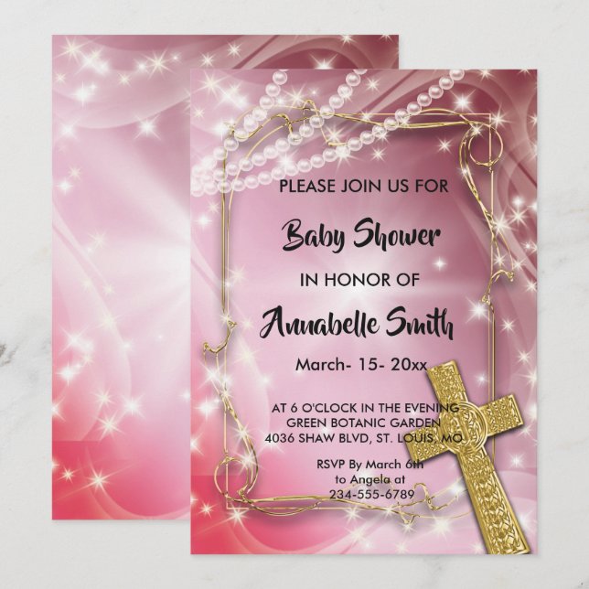 Invitation Joli Baby shower rose Pearl Cross (Devant / Derrière)