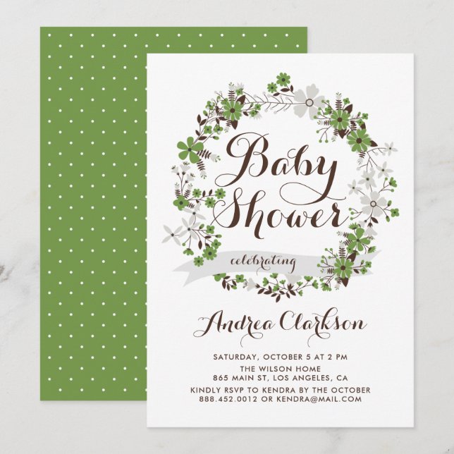 Invitation Joli Baby shower vert et gris fleuri de couronne (Devant / Derrière)
