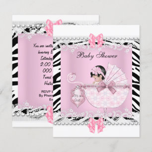 Invitation Joli Baby shower Zebra Baby Girl Dentelle rose