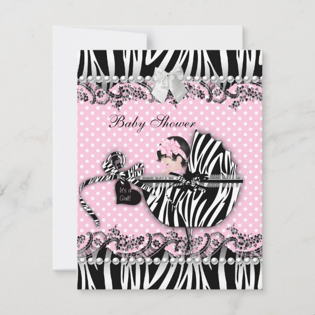 Invitation Joli Baby shower Zebra Baby Girl Pink Spot (Devant)