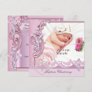 Invitation Joli Baptême rose Fille Photo Papillon Dentelle