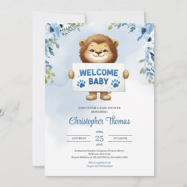 Invitation Joli bébé lion tenant Welcome bébé signe floral (Devant)