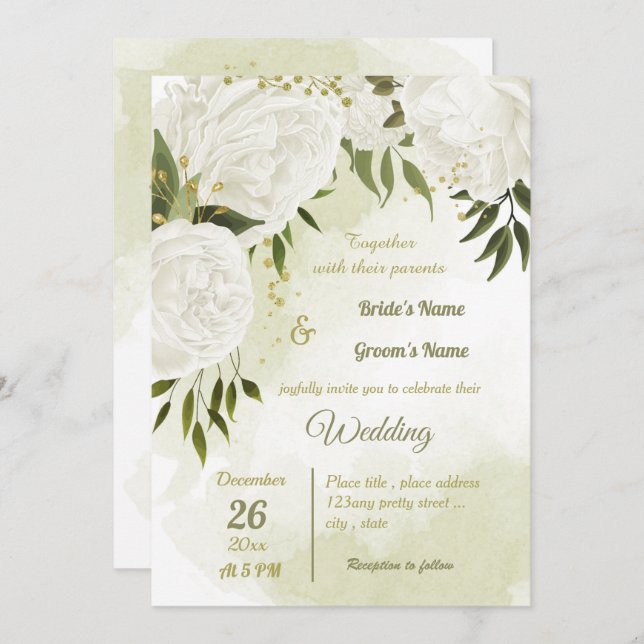 Invitation joli blanc fleurs verdure mariage géométrique (Devant / Derrière)