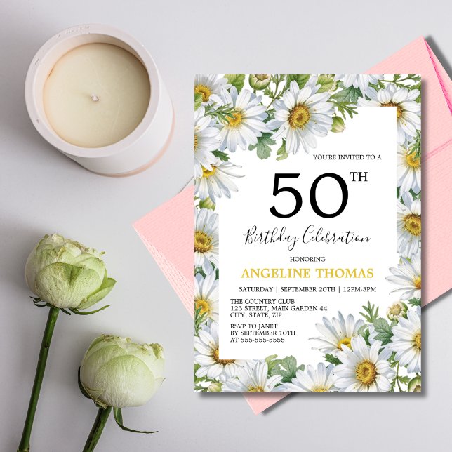 Invitation Joli blanc marguerite Floral verdure Anniversaire (Créateur téléchargé)