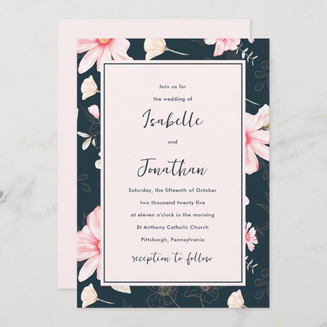 Invitation Joli bleu bleu floral modèle Mariage (Devant / Derrière)