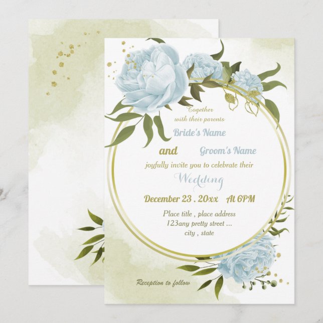 Invitation joli bleu fleurs verdure mariage géométrique (Devant / Derrière)