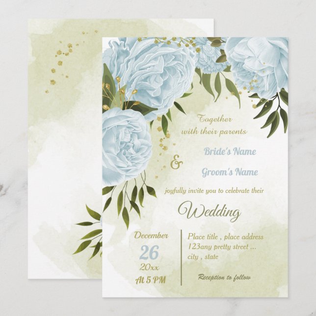 Invitation joli bleu fleurs verdure mariage géométrique (Devant / Derrière)