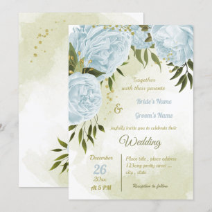 Invitation joli bleu fleurs verdure mariage géométrique