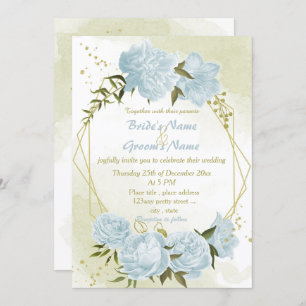 Invitation joli bleu fleurs verdure mariage géométrique