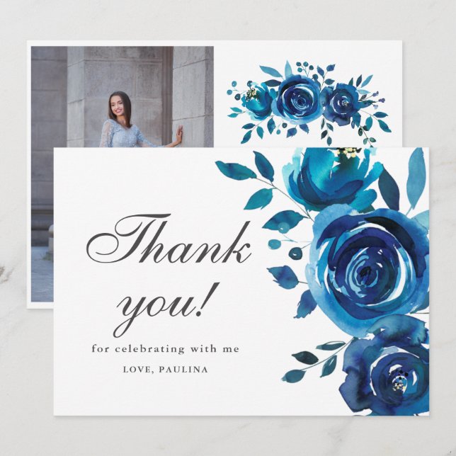 Invitation Joli bleu Floral Quinceañera Merci photo (Devant / Derrière)