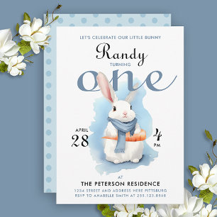 Invitation Joli bleu pastel Lapin premier anniversaire aquare