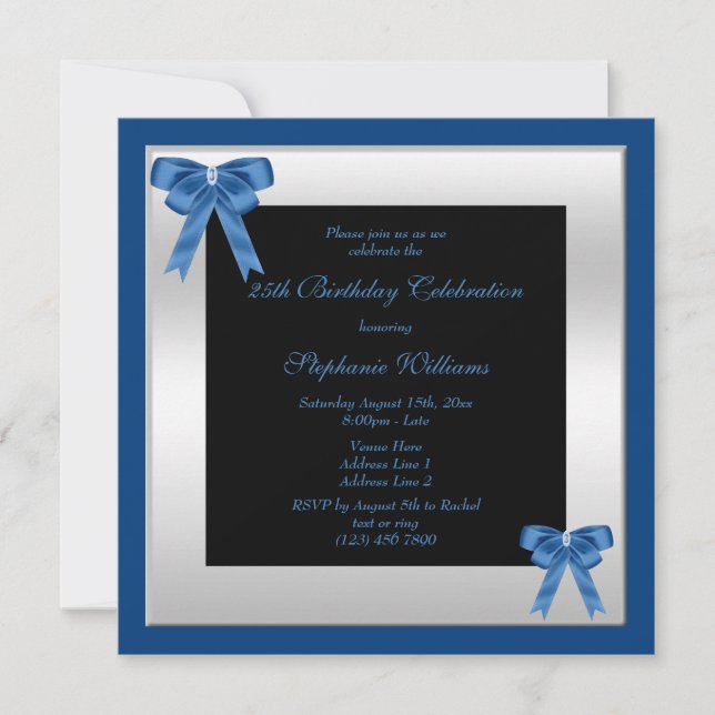 Invitation Joli Blue Bows & Silver encadré Anniversaire (Devant)