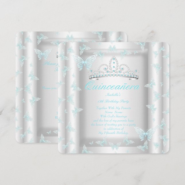 Invitation Joli Blue Quinceanera Party Tiara Butterfly Turquo (Devant / Derrière)