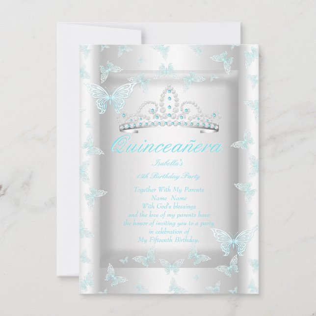 Invitation Joli Blue Quinceanera Party Tiara Butterfly Turquo (Devant)