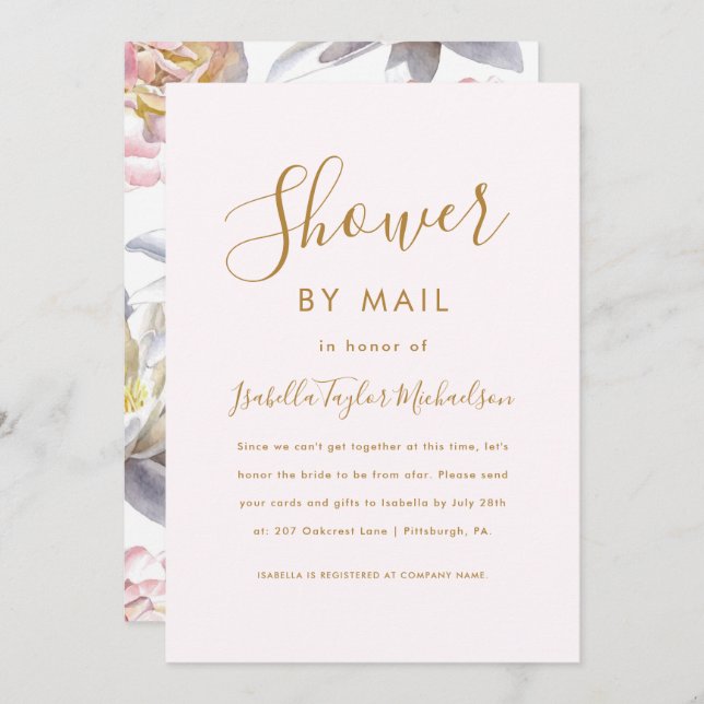 Invitation Joli Blush avec Fête des mariées florale par courr (Devant / Derrière)