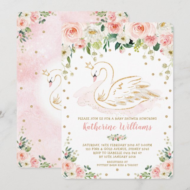 Invitation Joli Blush Floral Swan Princess Baby shower fille (Devant / Derrière)