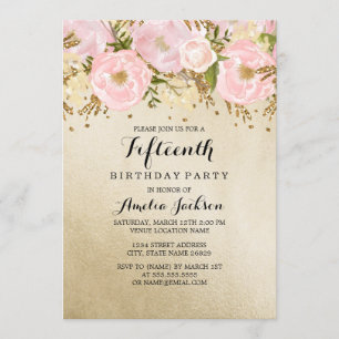 Invitation Joli Blush or rose floral 15e anniversaire