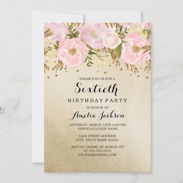 Invitation Joli Blush or rose floral 60e anniversaire (Devant)