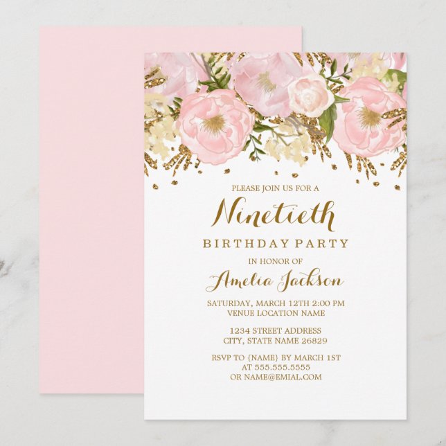 Invitation Joli Blush Pink Gold Floral 90e anniversaire (Devant / Derrière)