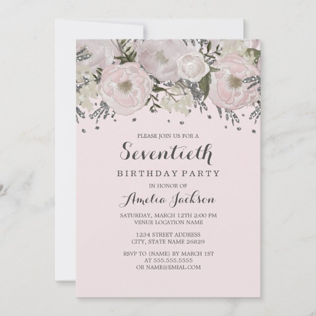 Invitation Joli Blush Pink Silver Floral 70e anniversaire (Devant)