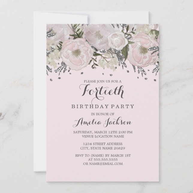 Invitation Joli Blush rose argent floral 40e anniversaire (Devant)