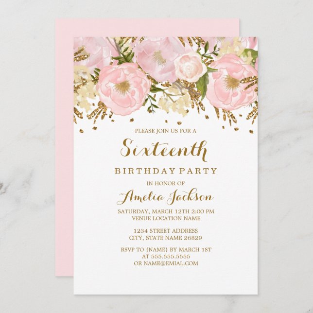 Invitation Joli Blush Rose or Floral 16e anniversaire (Devant / Derrière)