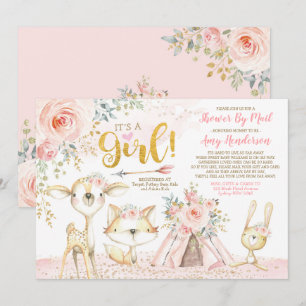 Invitation Joli Boho Woodland Pink Gold Baby shower par courr