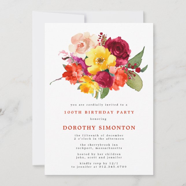 Invitation Joli bouquet floral 100e fête d'anniversaire (Devant)