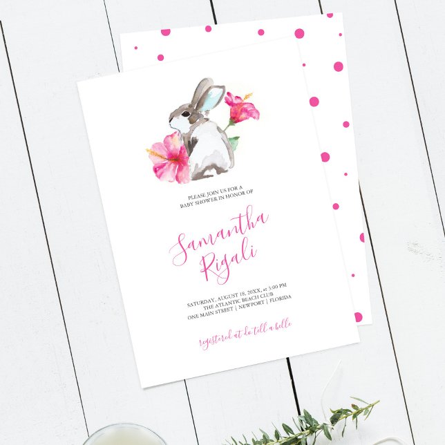 Invitation Joli Bunny Baby shower fille rose (Watercolor bunny and pink flowers baby shower invitations art by Victoria Grigaliunas DoTellABelle)