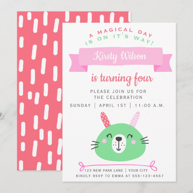 Invitation Joli Bunny | Célébration Anniversaire de enfant (Devant / Derrière)