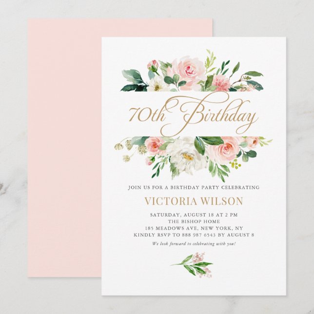 Invitation Joli cadre floral Peony Blush 70e anniversaire (Devant / Derrière)