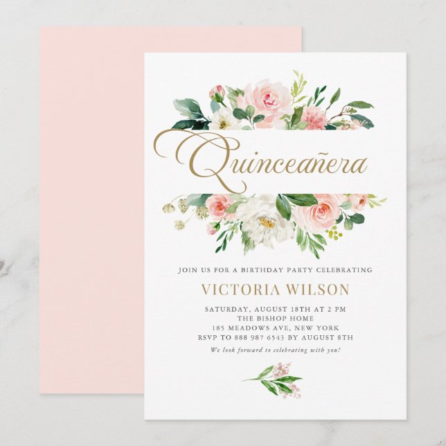 Invitation Joli cadre floral Peony Blush Quinceañera (Devant / Derrière)