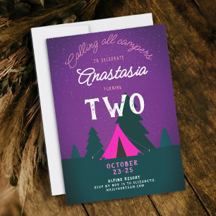 Invitation Joli Camp de Fille Rustique Violet Rose 2ème Anniv