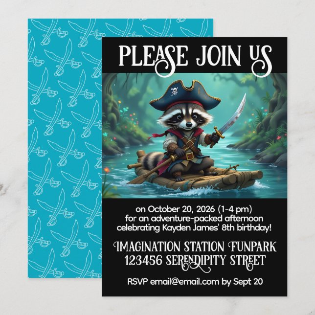 Invitation Joli Capitaine Raccoon Rafting Boys Anniversaire (Devant / Derrière)