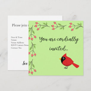 Invitation Joli Cardinal Rouge de Dessin Animé avec des Fleur
