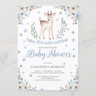 Invitation Joli cerf d'hiver bleu fleuri garçon baby shower