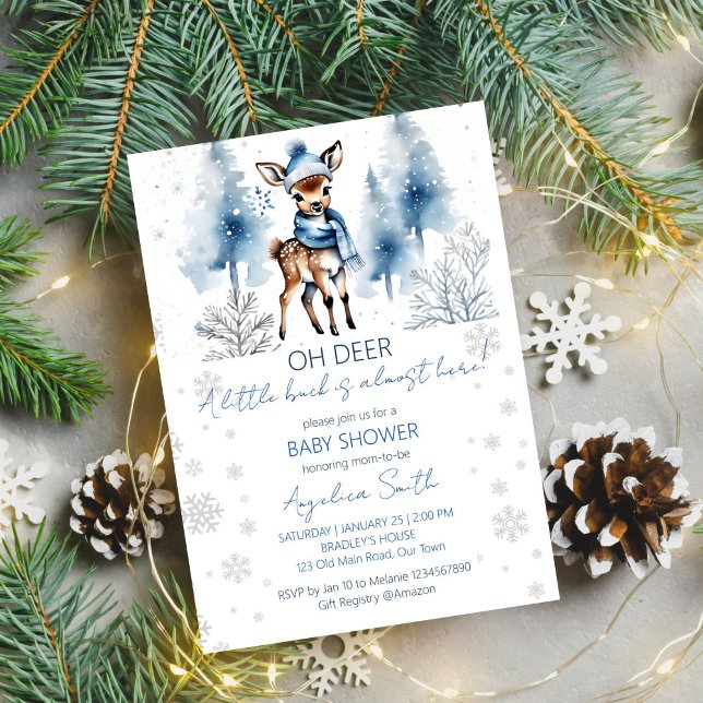 Invitation Joli cerf Winter garçons baby shower modèle (Oh deer winter baby shower editable template digital download watercolor cute buck winter wonderland)