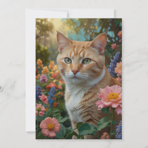 Invitation Joli chat blanc orange dans un jardin fleuri