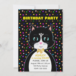 Invitation Joli chat d'anniversaire en smoking et confettis c