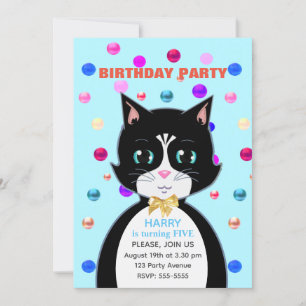 Invitation Joli chat d'anniversaire en smoking et confettis m