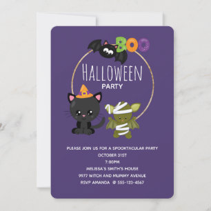 Invitation Joli chat d'Halloween, Chauve-souris & Momie Boo