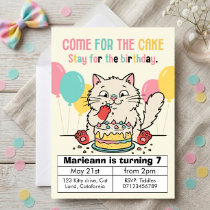 Invitation Joli Chat Mangeant du Gâteau Coloré Anniversaire P