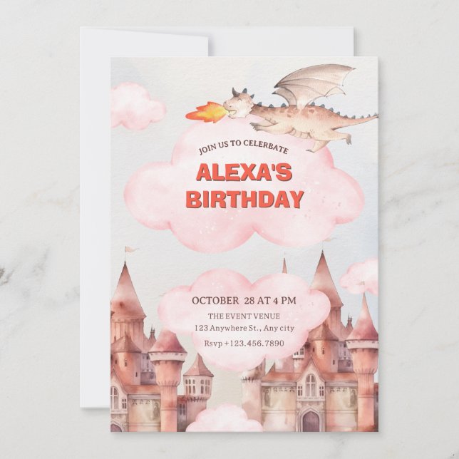 Invitation Joli château dragon anniversaire (Devant)