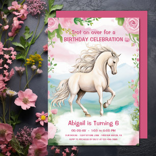 Invitation Joli Cheval blanc et Fleurs roses Anniversaire