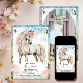 Invitation Joli Cheval blanc et Fleurs roses Photo Anniversai