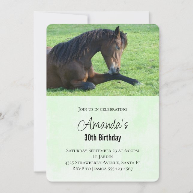 Invitation Joli Cheval Brown allongé dans l'herbe Anniversair (Devant)