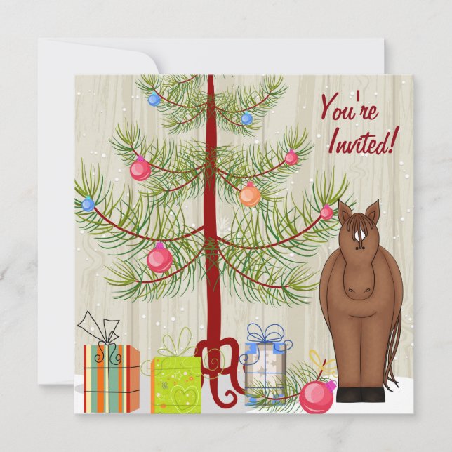Invitation Joli cheval Brown, arbre de Noël Anniversaire Invi (Devant)